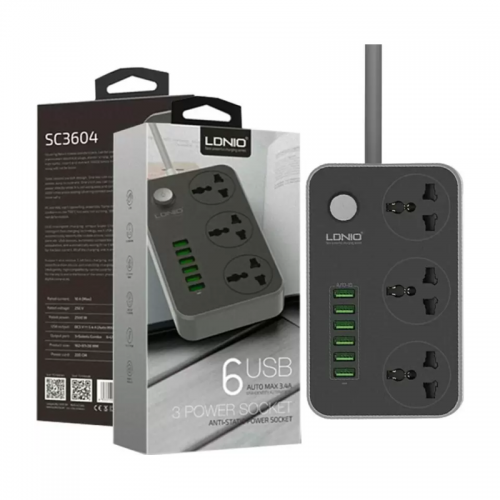 LDNIOSC3604 Power Strip with 3 Sockets & 6 USB Ports 9 Socket Extension Boards  (Black, 2 m, With USB Port)